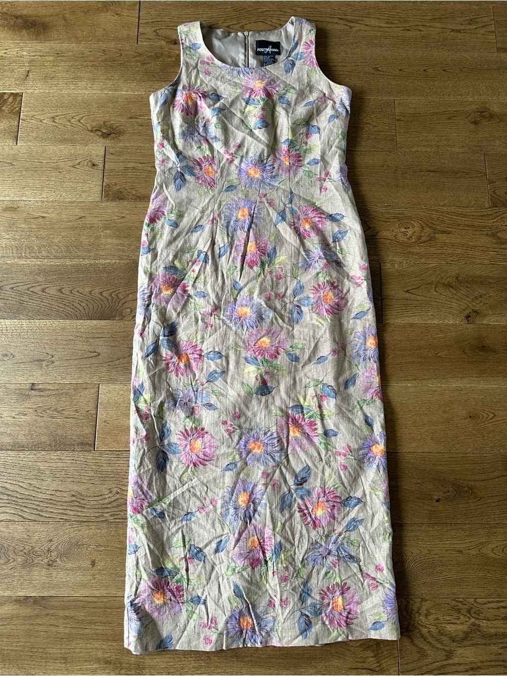VINTAGE Maxi Floral Linen Blend Dress Sleeveless Unique Print Sz 6